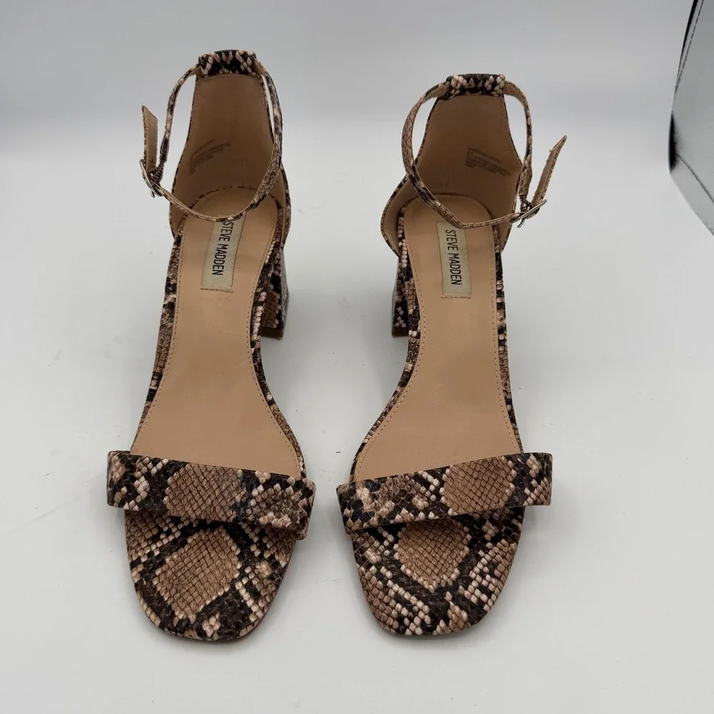 Steve Madden Maris Sandals Women 9.5 Good‎ Brown Snakeskin Print Block Heel